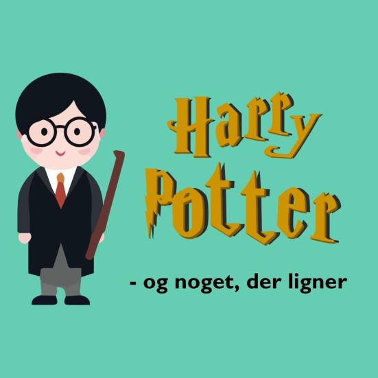 Turkis baggrund og teksten "Harry Potter - og noget, der linger" samt en grafik med Harry Potter, der holder en tryllestav