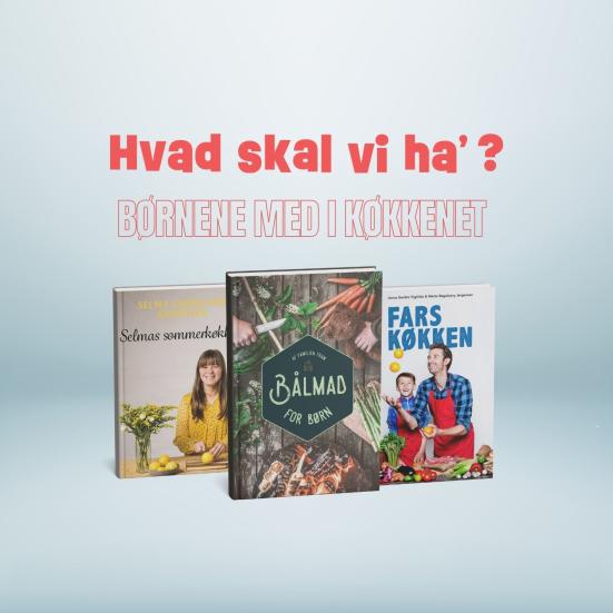 Billeder af bogforsider om børn med i køkkenet