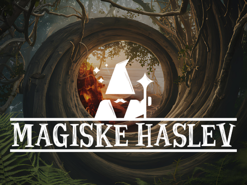 Magiske Haslevs logo i hvid med en troldmand 