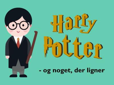 Turkis baggrund og teksten "Harry Potter - og noget, der linger" samt en grafik med Harry Potter, der holder en tryllestav