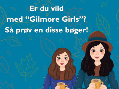Baggrund med efterårsblade og i front de to hovedpersoner fra Gilmore Girls med en kop kaffe hver