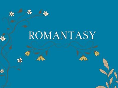 Hvid tekst på mørkeblå baggrund, hvor der står "romantasy". Omkring er der forskellige blomster.