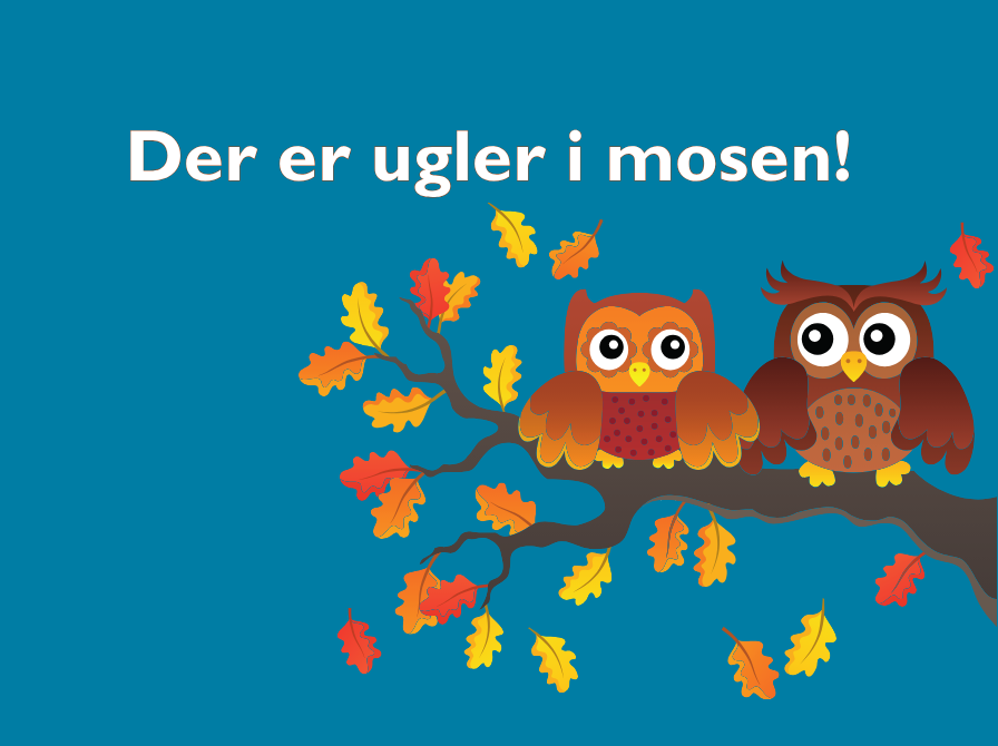 Turkis baggrund med hvid tekst: "Der er ugler i mosen". Illustrationer af to ugler på en gren med efterårsblade.
