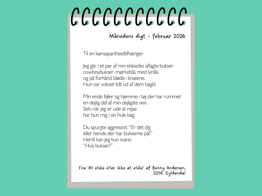 jeg får lov at prøve at dø før jeg er død jeg får lov det er en gave det er noget som ikke indstifter en gæld det er noget som ingen kan tage fra mig  overgangen fra frugtbar til ikke-frugtbar fra fuldmåne til nymåne jeg bliver jomfru igen  jeg bliver pige igen