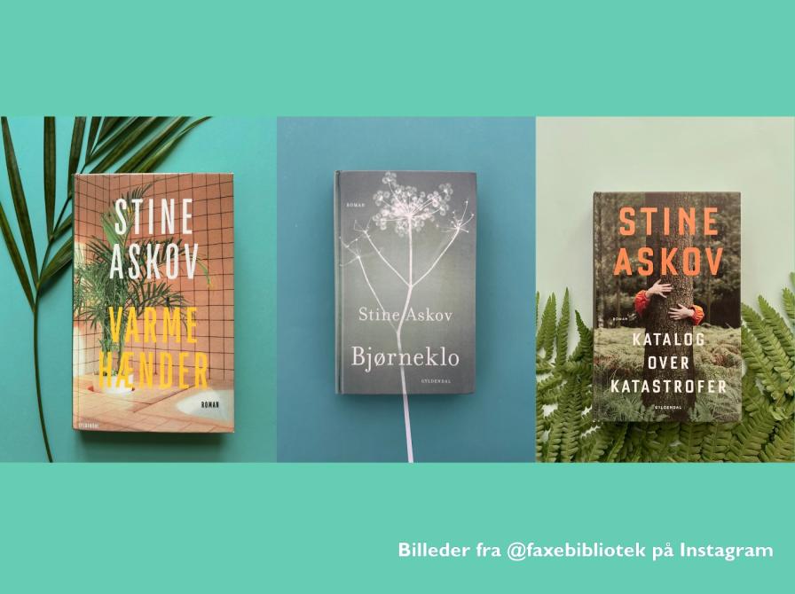 Tre fotos af Stine Askovs bøger fra Faxe Bibliotekernes Instagram-profil